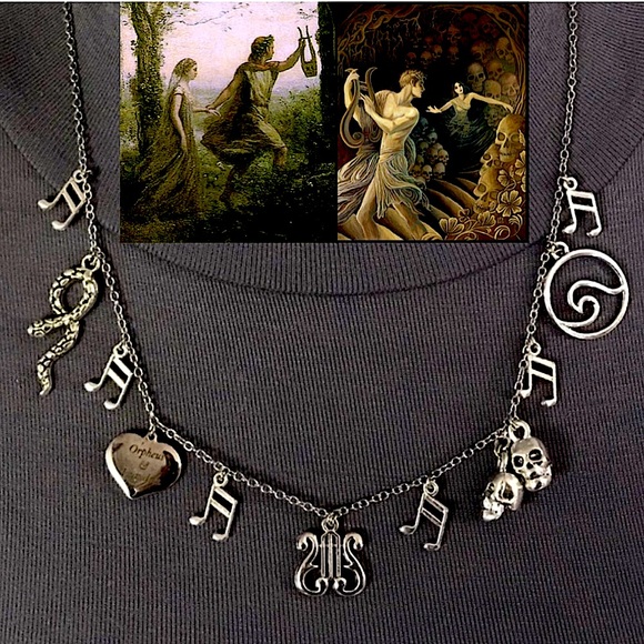 Hand Crafted Jewelry - Orpheus & Eurydice Greek Mythology Handmade Necklace, Lyre, Music, Skulls, Heart